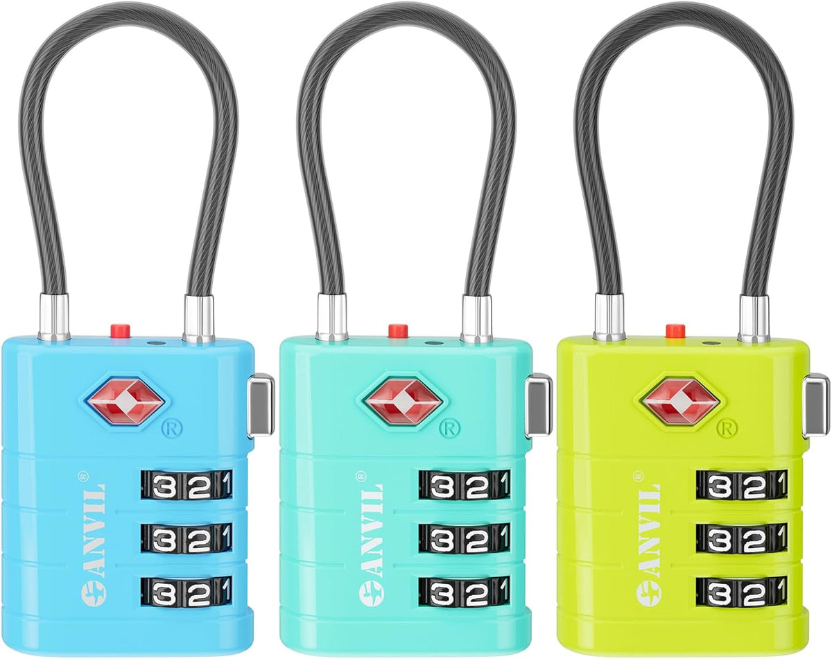 ANVIL TSA Approved Luggage Locks – High Security TSA008 Combination Travel Locks with Inspection Indicator for Suitcases and Backpacks. (3, 3 Colors)