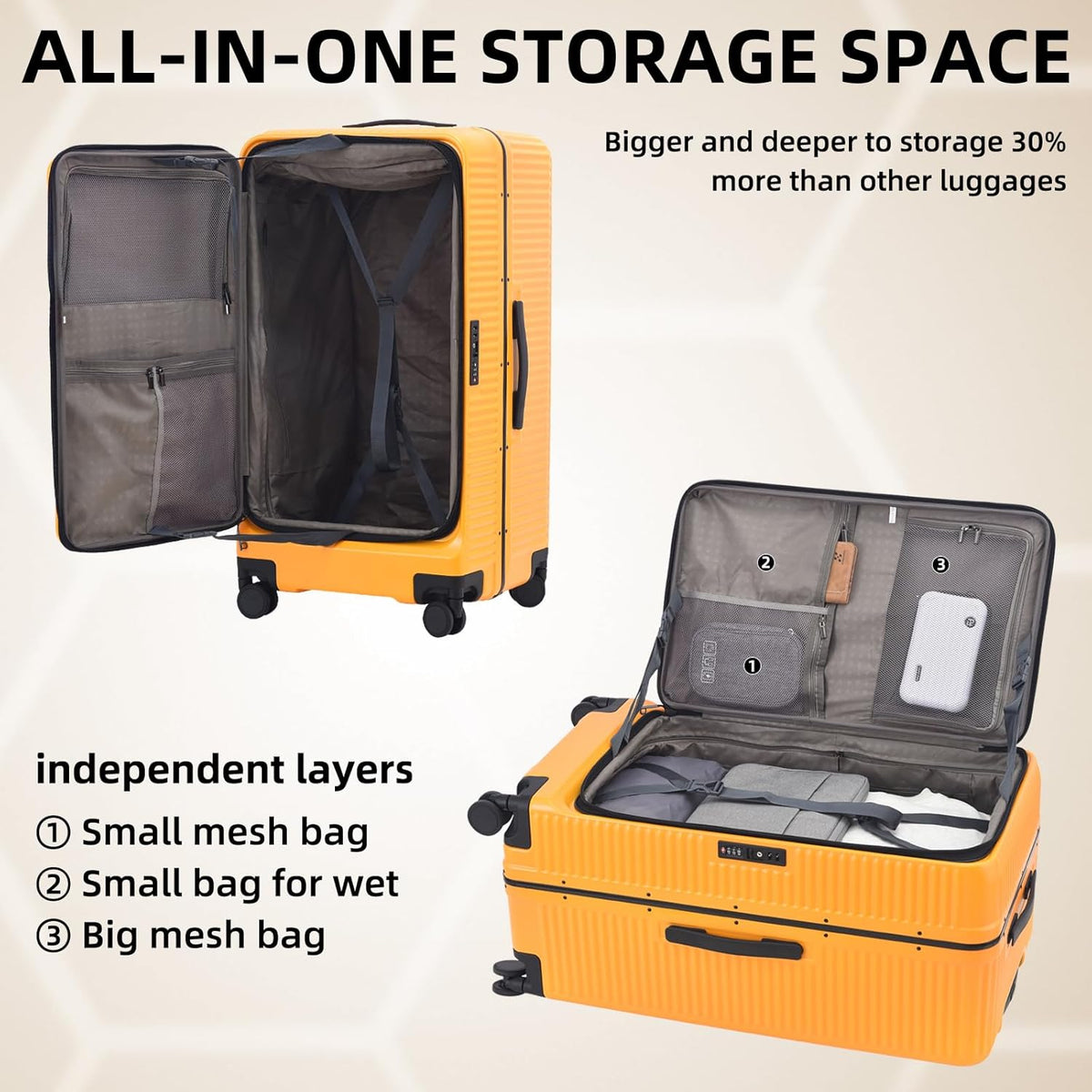29 Inch 40 * 37 * 77cm, 113L, Aluminum Checked Luggage with Side Opening, 360° Universal Wheels, Lightweight Hardshell ABS+PC Suitcase with TSA Lock, Orange