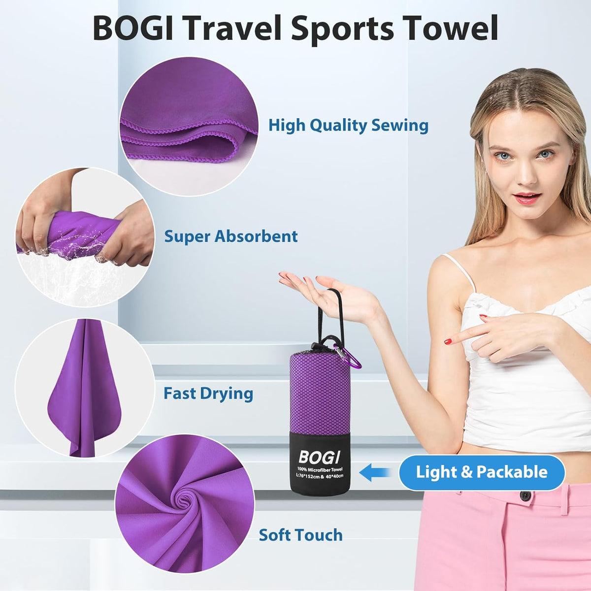 BOGI Microfiber Travel Sports Towel-Quick Dry Towel, Soft Lightweight Microfiber Camping Towel Absorbent Compact Travel Towel for Camping Gym Yoga Swimming Backpacking (XL:72''x32''+16''x16''-Purple)