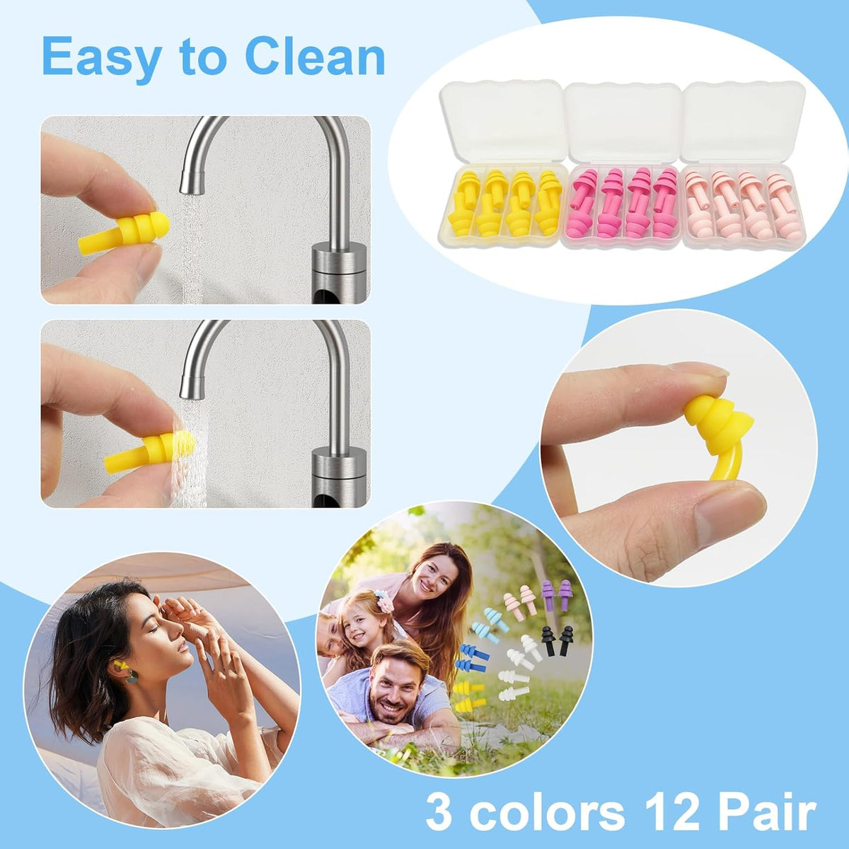 Ear Plugs for Sleeping,12 Pair Earplugs Noise Canceling Soft Silicone Ear Plug Reusable Earplugs for Sleep,Concert,Swimming,Study,Loud Noise,Snoring(Yellow Pink Rose Red)