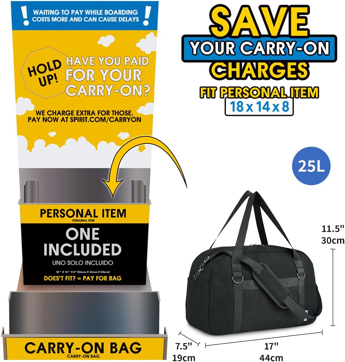Narwey For Spirit Airlines Personal Item Bag 18x14x8, Small Duffle Bag for Travel, Duffel Bag for Traveling, Carry on Bag for Airplanes Underseat Overnight for Women and Men (Black)