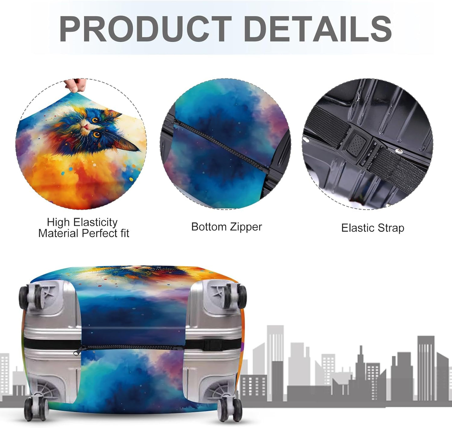 ANNA QUEEN Colorful Cat Luggage Cover, Artistic Blue Cat Design with Rainbow Colors, Stretchable, Washable Travel Sleeve for 32-34 Inch Suitcases
