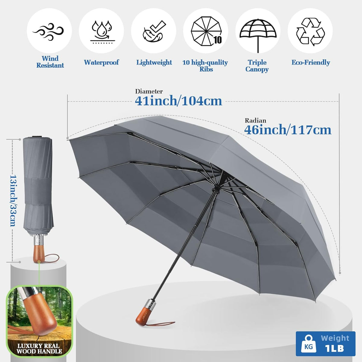 3T Wind Armor Travel Umbrella Compact Easy Auto Open Close Folding Umbrellas for Rain Windproof Umbrella for Women and Men Durable Real Wood Handle Portable Fits Backpack Car