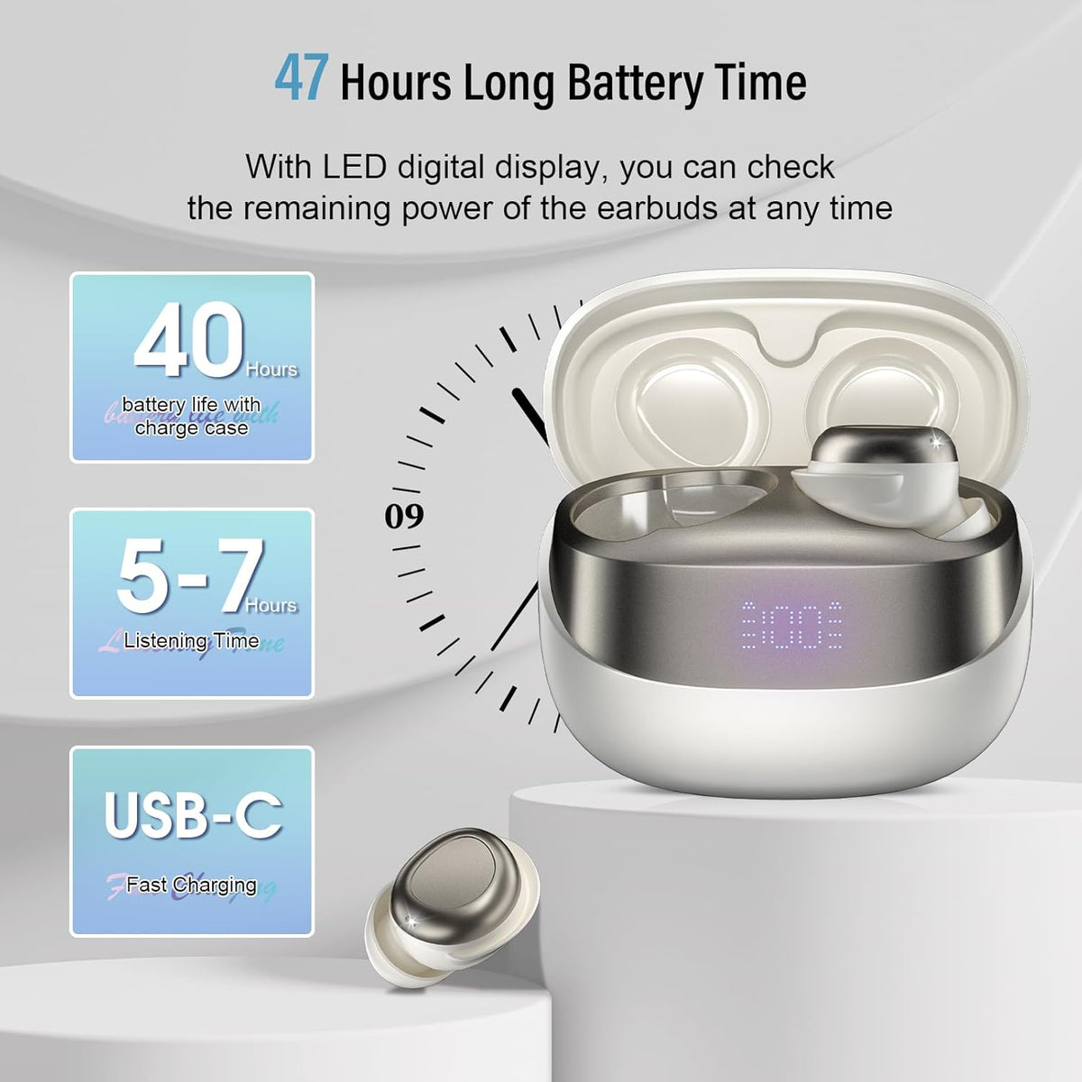Sleep Earbuds Bluetooth 5.4 in Ear Light-Weight Headphones, Mini Sleep Headphones Small Design for Side Sleepers, 47H Playtime with Charging Case, Clear Calls Earphones, Cream White