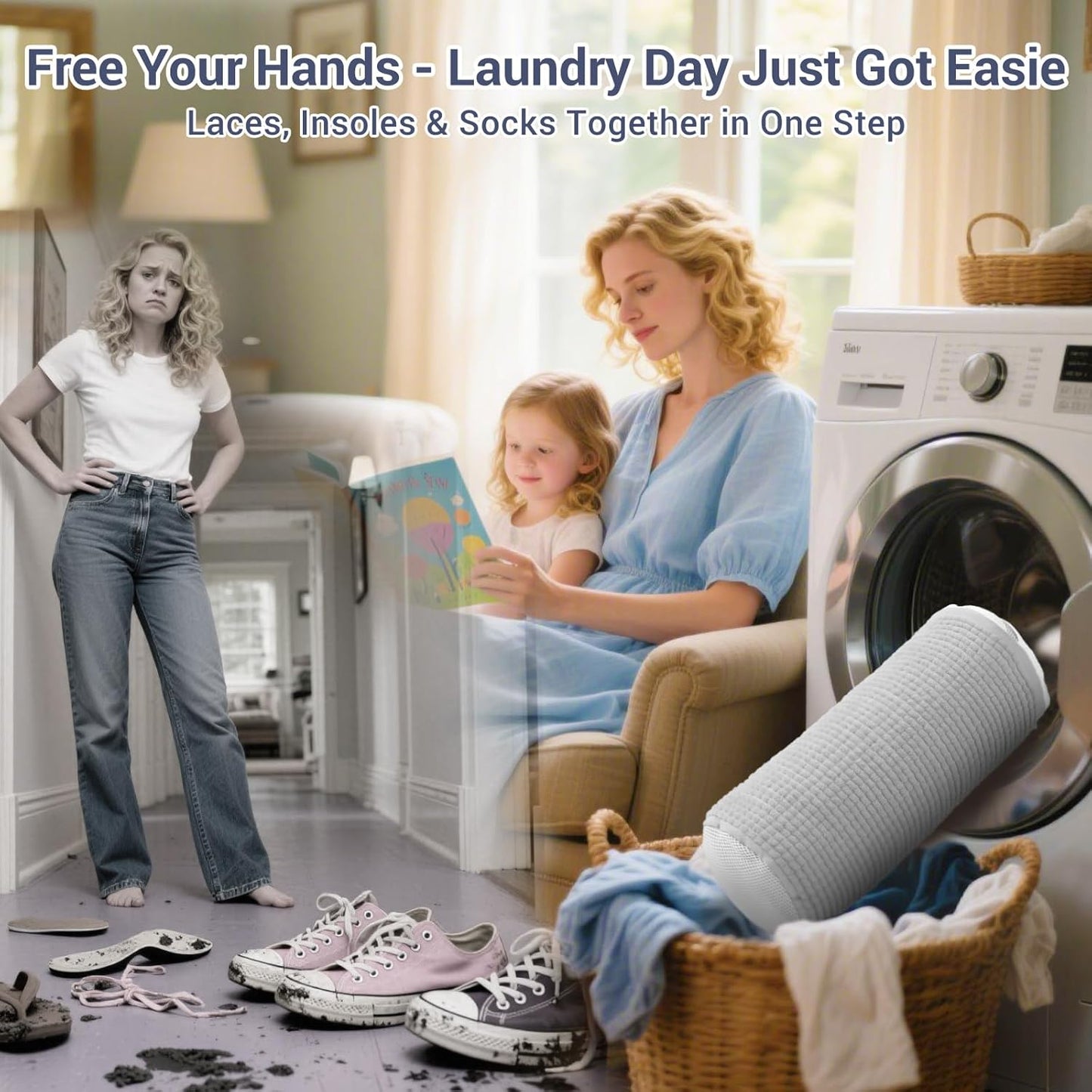 Shoe Washing Machine Bag with 2 Mesh Pockets, One-Step Shoe Laundry Bag for Wash Laces, Insoles & Socks, Reusable Sneaker Cleaning Bag Invisible Zipper for Washer Dryer Safe (2Pcs Grey)