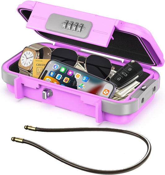 LOFICOPER Portable Safe Box, Travel Safe Lock Box, Waterproof Beach Lock Box, Personal Security Case, with Combination Code, Detachable Steel Rope, for Travel, Beach, Hotel, Home, Office, Pink