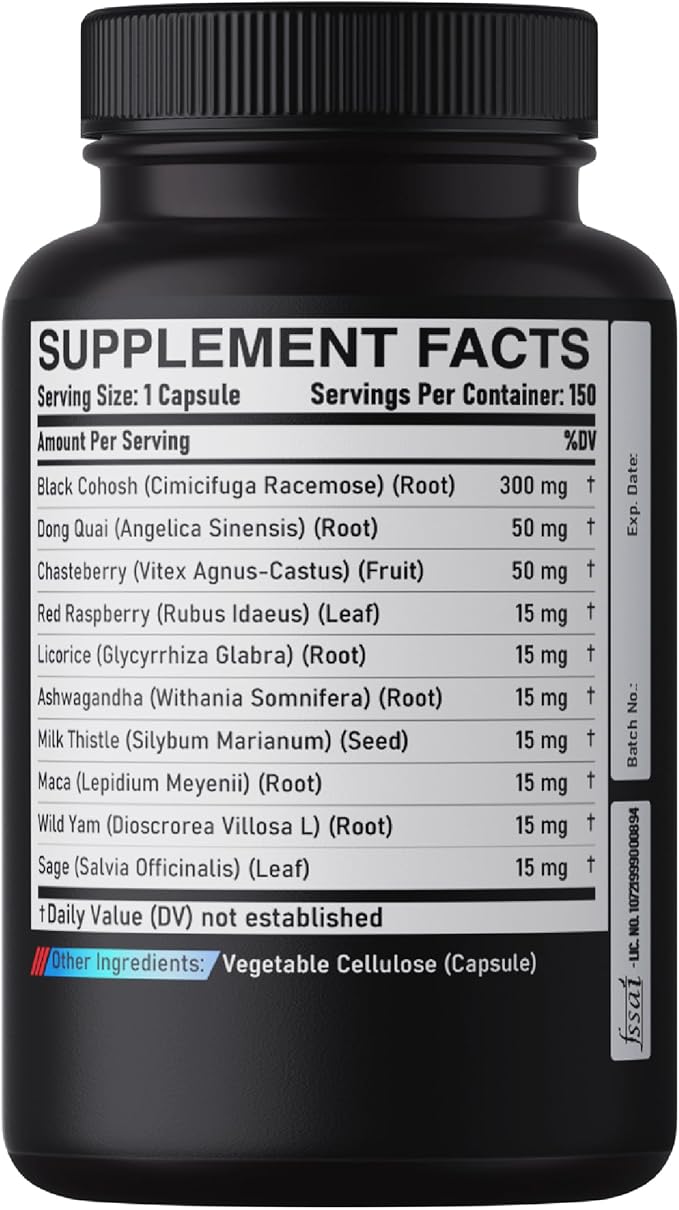 12in1 Black Cohosh 5-Month Supply for Menopause Support Supplement with Dong Quai, Chasteberry, Red Raspberry, Licorice, Wild Yam & More - 150 Capsules