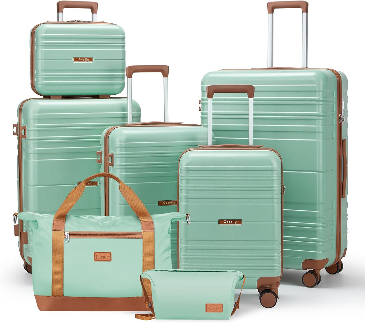 Luggage Sets with spinner wheels, PC+ABS Hard Shell Travel Luggage,Lightweight Carry-on suitcases with TSA Lock,YKK Zippers (Green, 7 piece sets（14/18/20/24/28/DB/TB）)