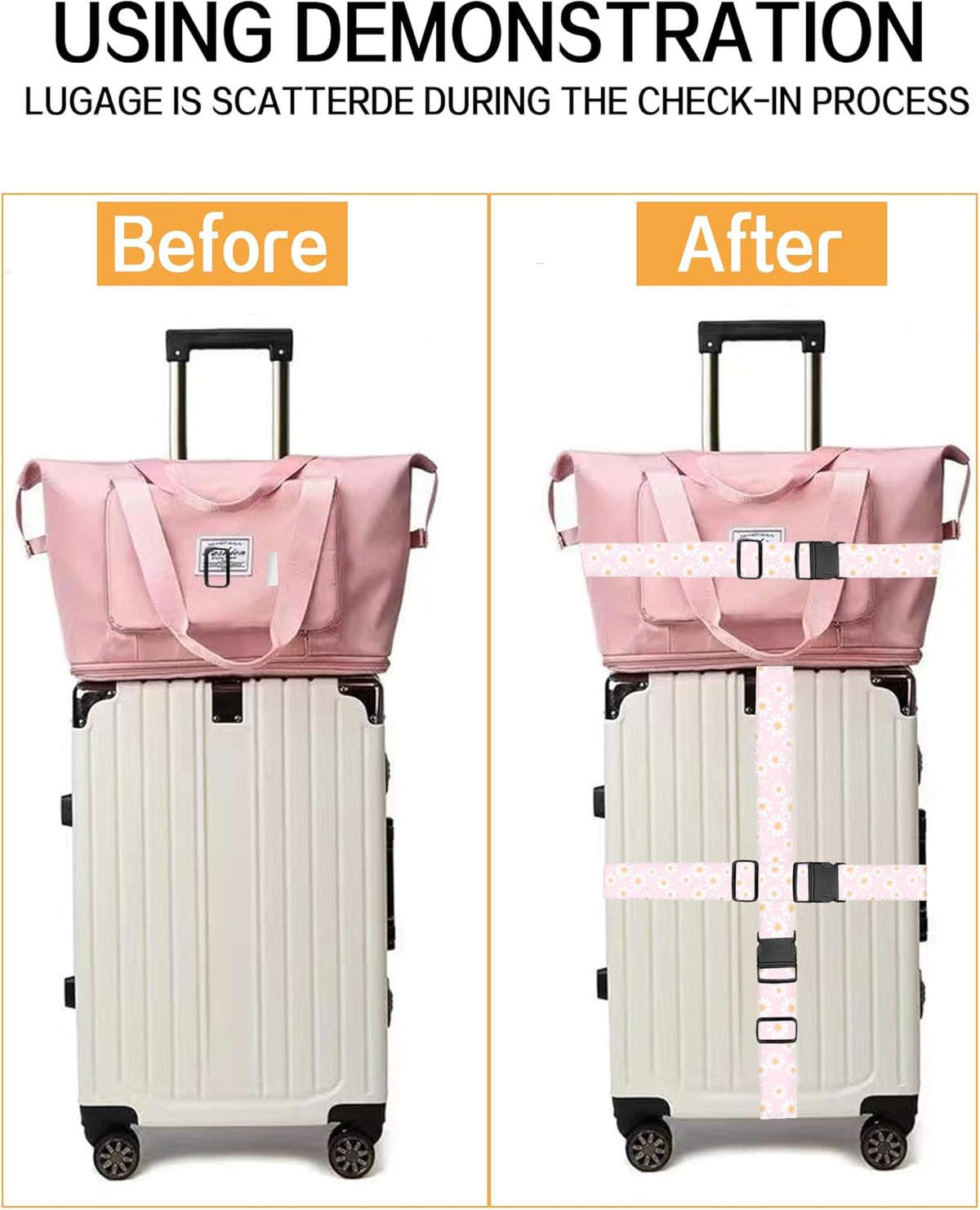 Luggage Straps for Suitcases, Adjustable Travel Belt, Durable Wide Luggage Strap, Cute Suitcase Strap Identifiers with Buckle, Bag Straps for Luggage, Cute Pink Daisy