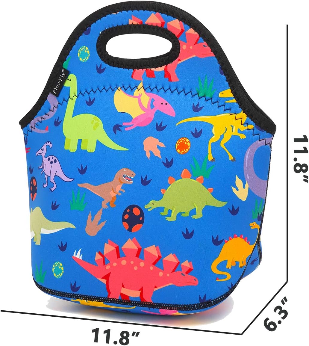 FlowFly Neoprene Kids Lunch box Insulated Soft Bag Mini Cooler Thermal Meal Tote Kit for Boys, Girls,Men,Women,School,Work, Office, Dinosaur