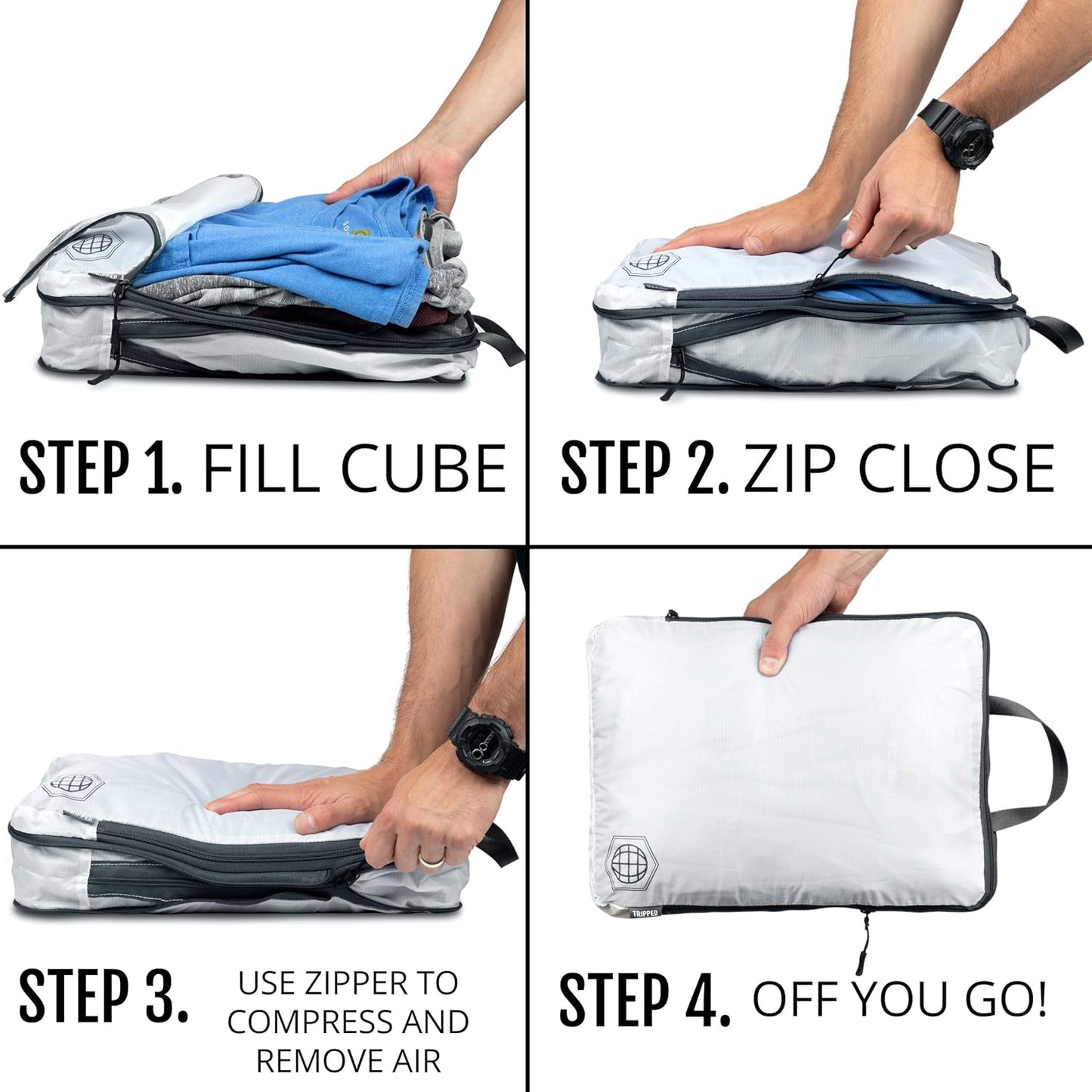 Large Compression Packing Cubes for Travel-Packing Cube Luggage Organizers 4 Piece Set for Checked Luggage-Ultralight, Expandable/Compression Bags by TRIPPED Travel Gear (White 4 Piece)