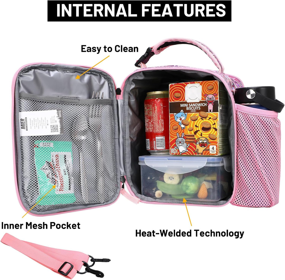 MIER Expandable Lunch Bag Insulated Lunch Box for Teen Girls Women to School Work Travel Portable Lunchbox Bags with Shoulder Strap and Water Bottle Holder(Pink)