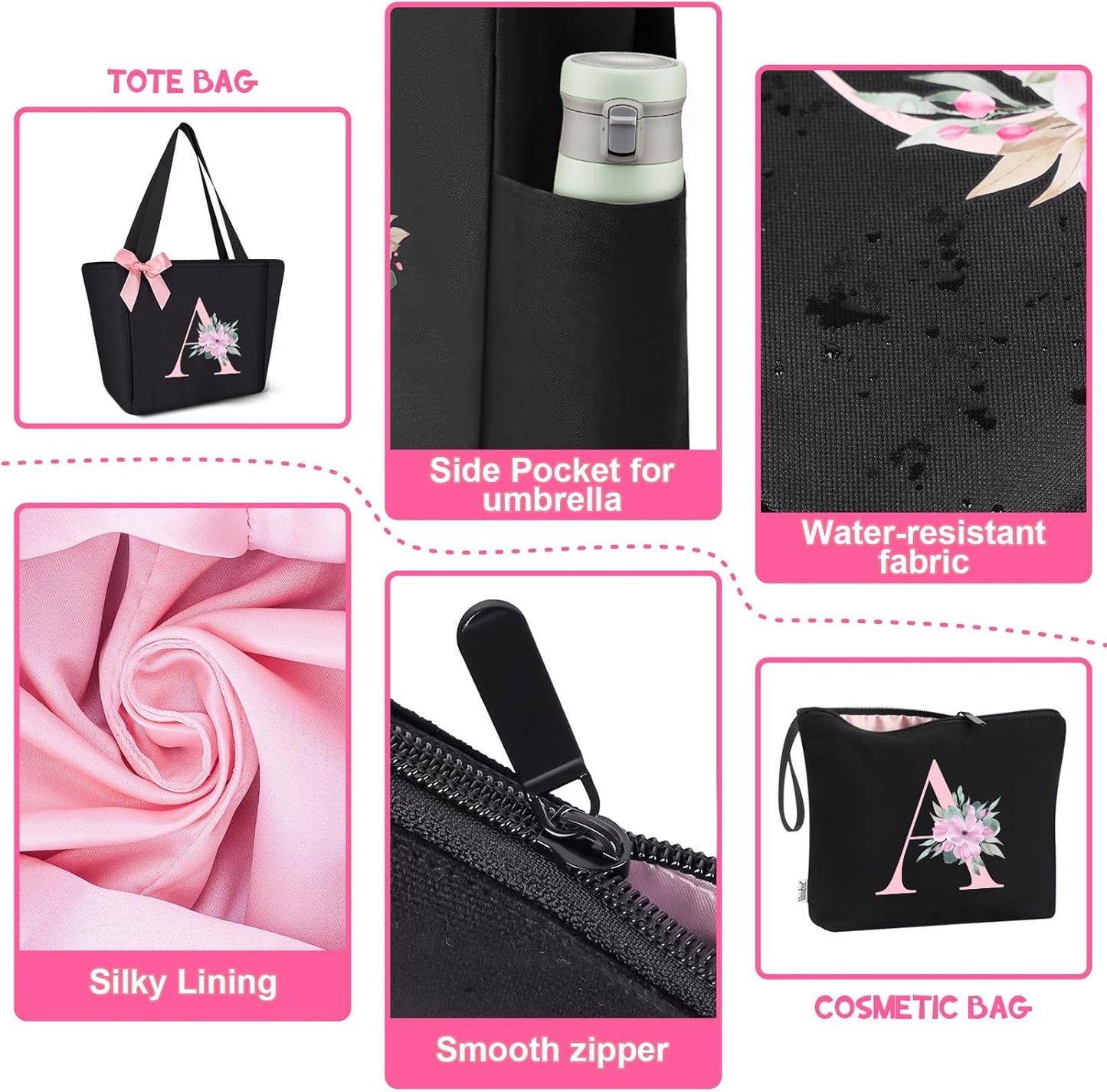 Vavabox Tote Bag, A-Z Initial Monogrammed Waterproof Tote Bag, Bridesmaid Gifts for Women, Black and Pink