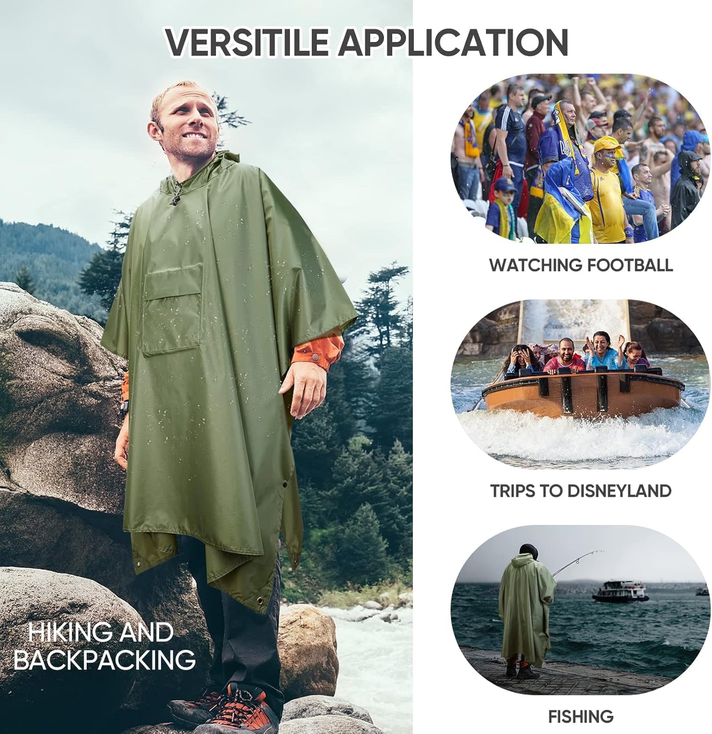 PTEROMY Hooded Rain Poncho for Adult with Pocket, Waterproof Lightweight Unisex Raincoat for Hiking Camping Emergency