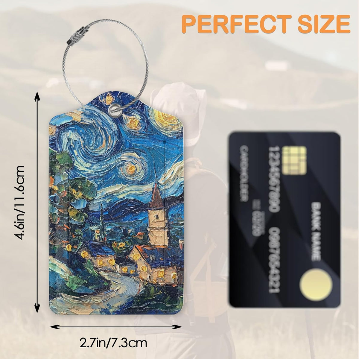 Starry Night Swirl 3 Pack PU Leahter Luggage Tag with Stainless Steel Loop, Retro Style Starry Village Travel Suitcase Labels with Privacy Cover ID Label Quickly Spot for Bags