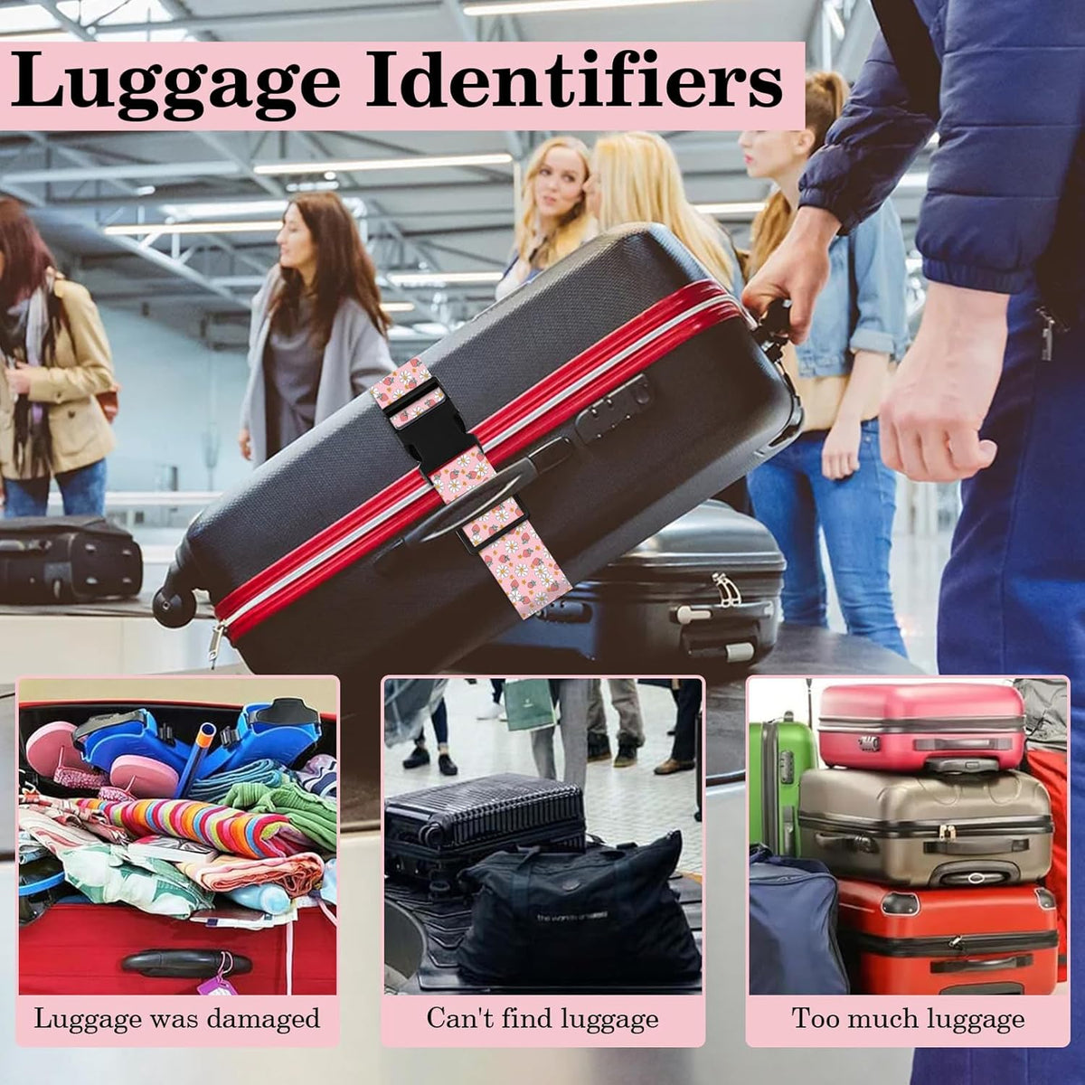 Strawberry Luggage Straps for Suitcases TSA Approved, Luggage Identifiers for Suitcase, Adjustable Suitcase Strap for Baggage Security with Cute Patten, Travel Necessary Accessories