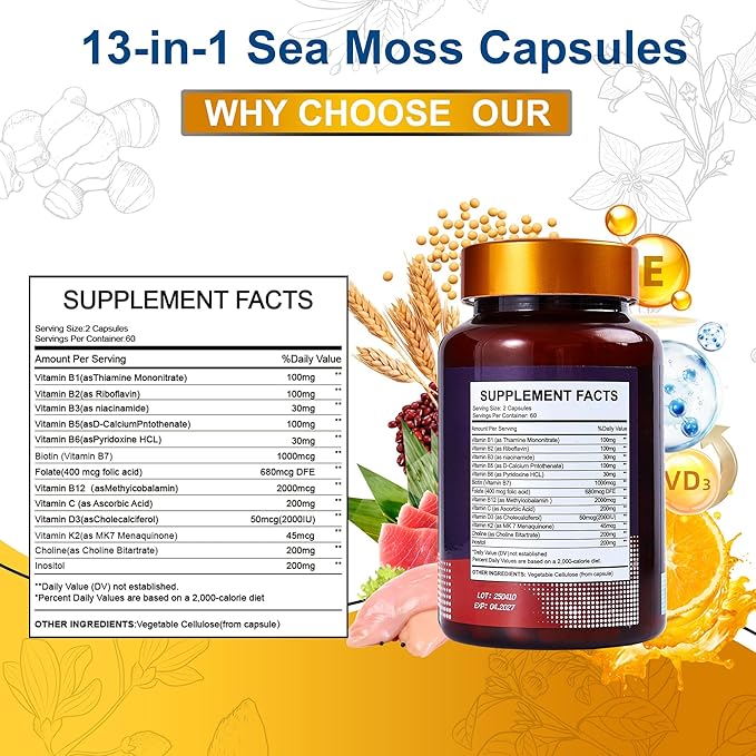 13-in-1 Vitamin B Complex Plus with Biotin, Inositol, Folate, B12, C, D3, K2 – Energy, Nerve & Immune Support for Men & Women – Vegan, Non-GMO, 120 Capsules