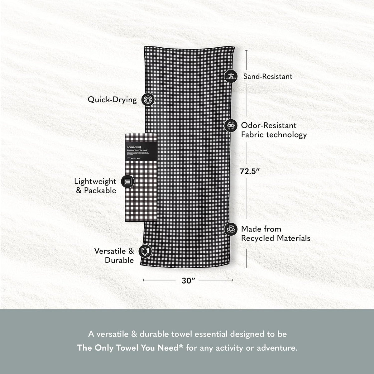 Nomadix Original Towel - Perfect for Beach, Pool, Travel, Camping, Yoga - Made with Recycled Materials - Super Absorbent - Sand Resistant - Gingham Black - 72.5x30