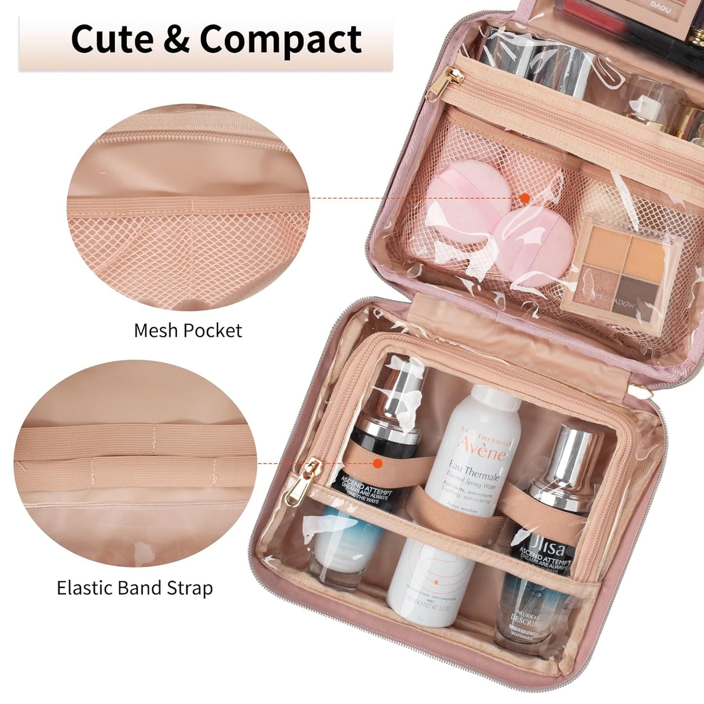 CUBETASTIC Travel Toiletry Bag, Makeup Bag for Women, Small Hanging Travel Bag for Toiletries with 3 Compartment, Portable Cosmetic Organizer Case, Water-resistant, Pink