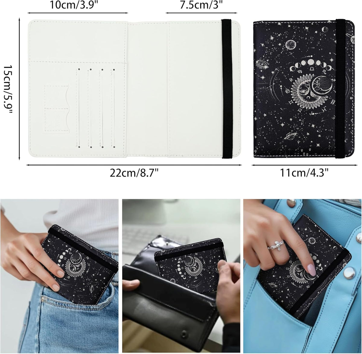 Passport Holder for Women and Men PU Leather Passport Cover for Travel (Sun Moon)