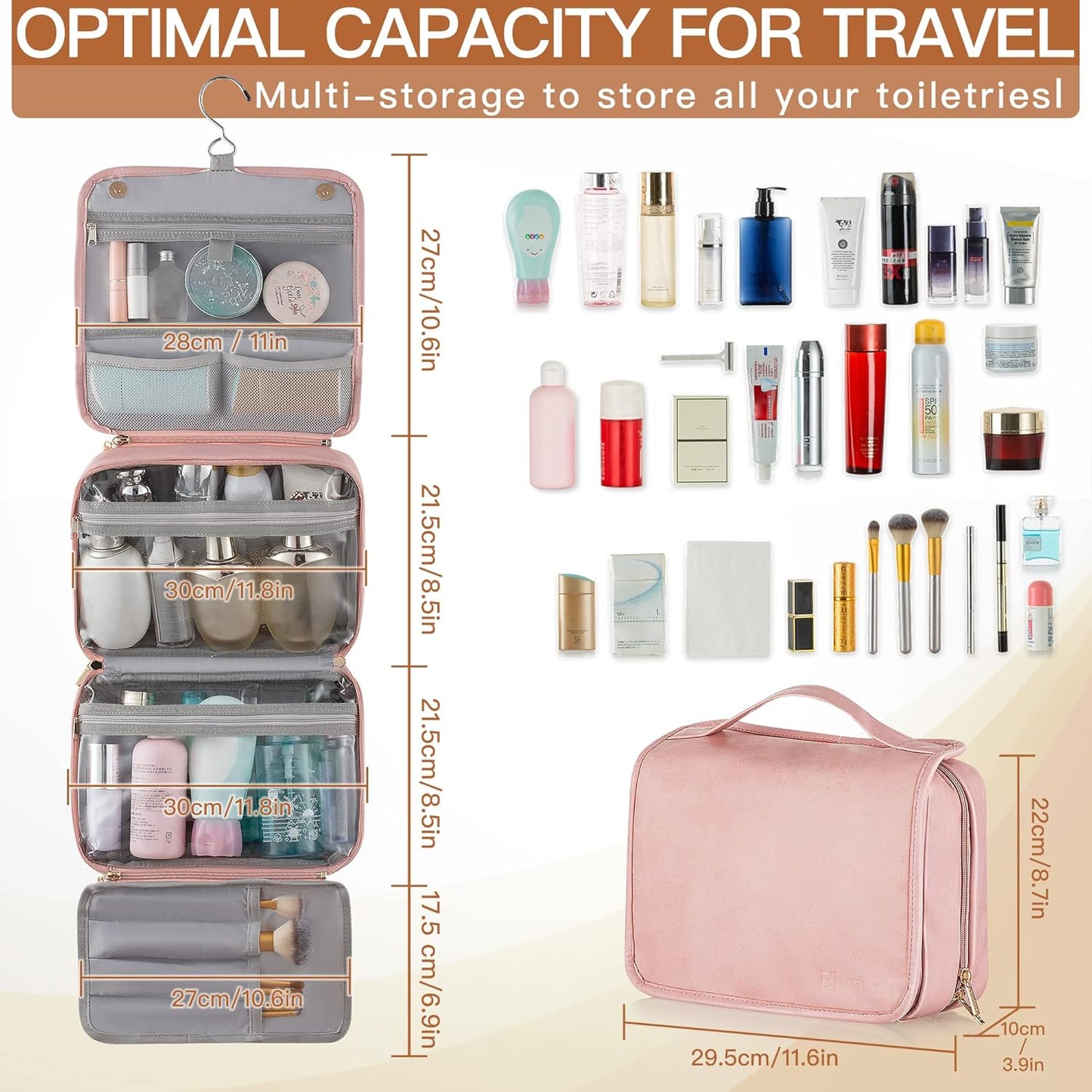 Elviros Hanging Travel Toiletry Bag for Women, 3-in-1 Large Makeup Bag and Cosmetic Organizer, Vegan Leather Waterproof Skincare Case for Travel Size Toiletries and Accessories