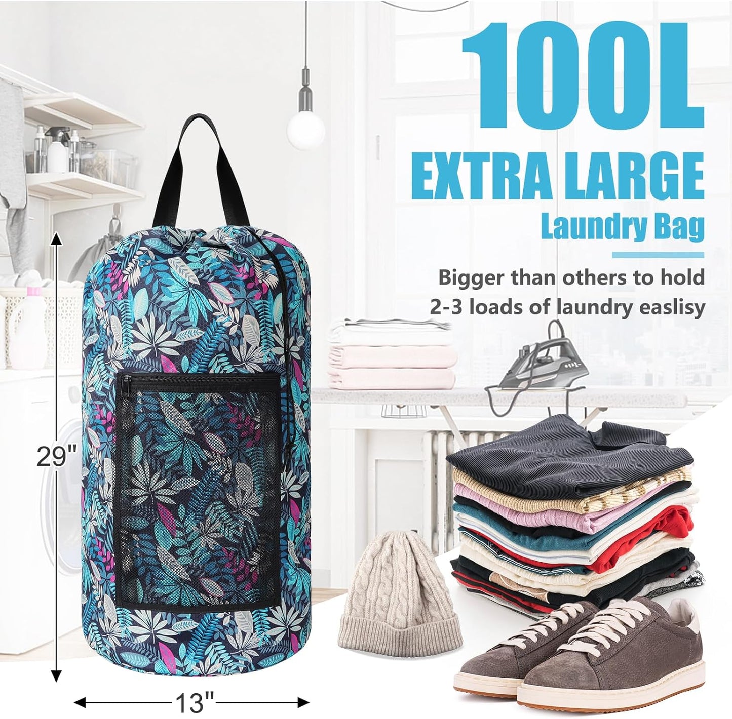 Portable with Adjustable Shoulder Straps Travel Dirty Laundry Bag,with Drawstring Closure & Mesh Pocket Backpack Laundry Bag for College,Apartment,Camping(Green Leaf)