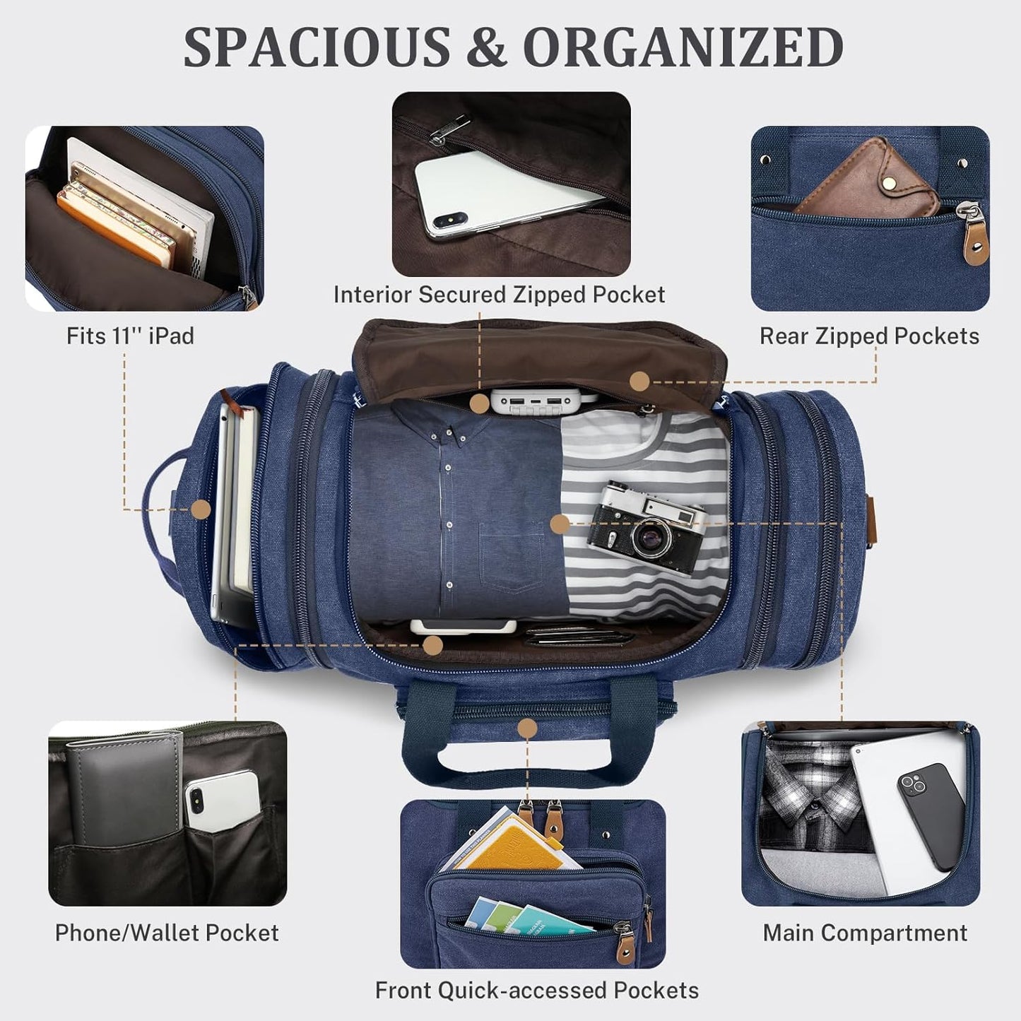 Gonex Canvas Duffle Bag 60L Travel Duffel Overnight Weekend Bag with Shoe Compartment (Blue)