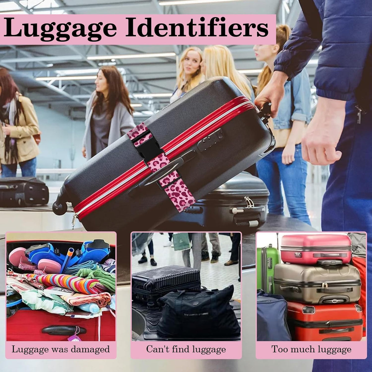 Leopard Luggage Straps for Suitcases TSA Approved, Luggage Identifiers for Suitcase, Adjustable Suitcase Strap for Baggage Security with Cute Patten, Travel Necessary Accessories (2Pack)