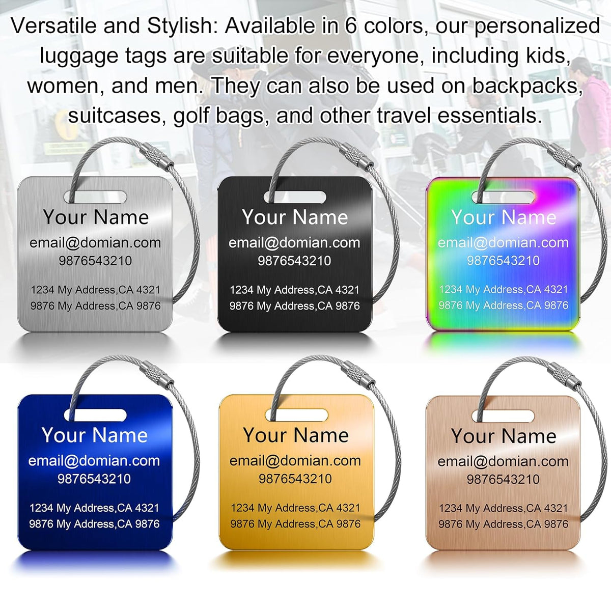 Stainless Steel Personalized Luggage Tags for Suitcases - Custom Name ID Travel Tags for Luggage, Backpacks and Bags - Metal Travel Essentials Accessories for Kids, Women and Men - Bulk Set (2 Pack)