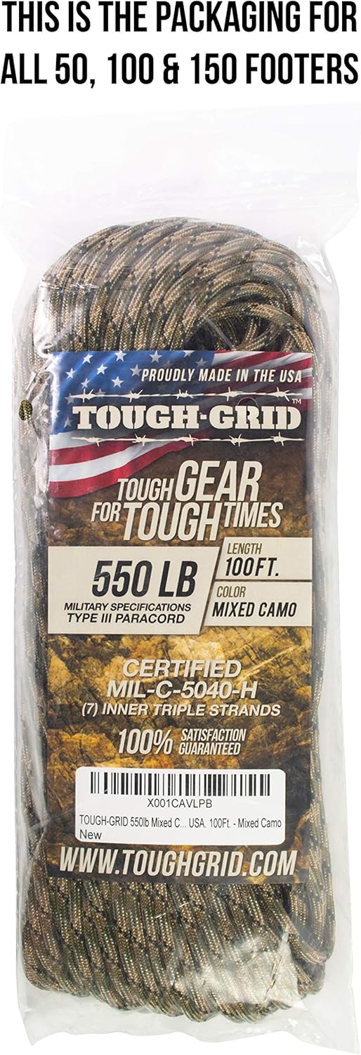TOUGH-GRID 550 Paracord Rope Nylon Parachute Cord, Made in USA Survival Kit, Outdoor Adventures, Camping, Tactical Gear & Emergency Supplies, Military Type III Mil-Spec