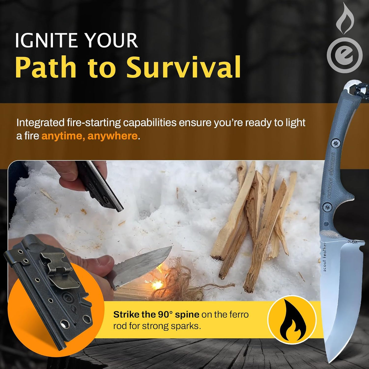Scout Feather - Fixed Blade Survival Knife with built-in Firestarter for Camping, Hunting, Outdoor Adventure and Culinary Needs - VG10 Blade, Whistle, Knife Sharpener, Compact Sheath & G10 Handle