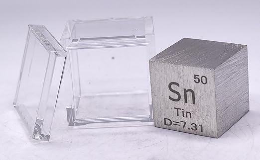 1" 25.4mm Tin Stannum Metal Cube Sn up to 99.9% Pure Periodic Table Element Engraved Density Collection Science Education Display Block Cube + Acrylic Case Box - 1PC