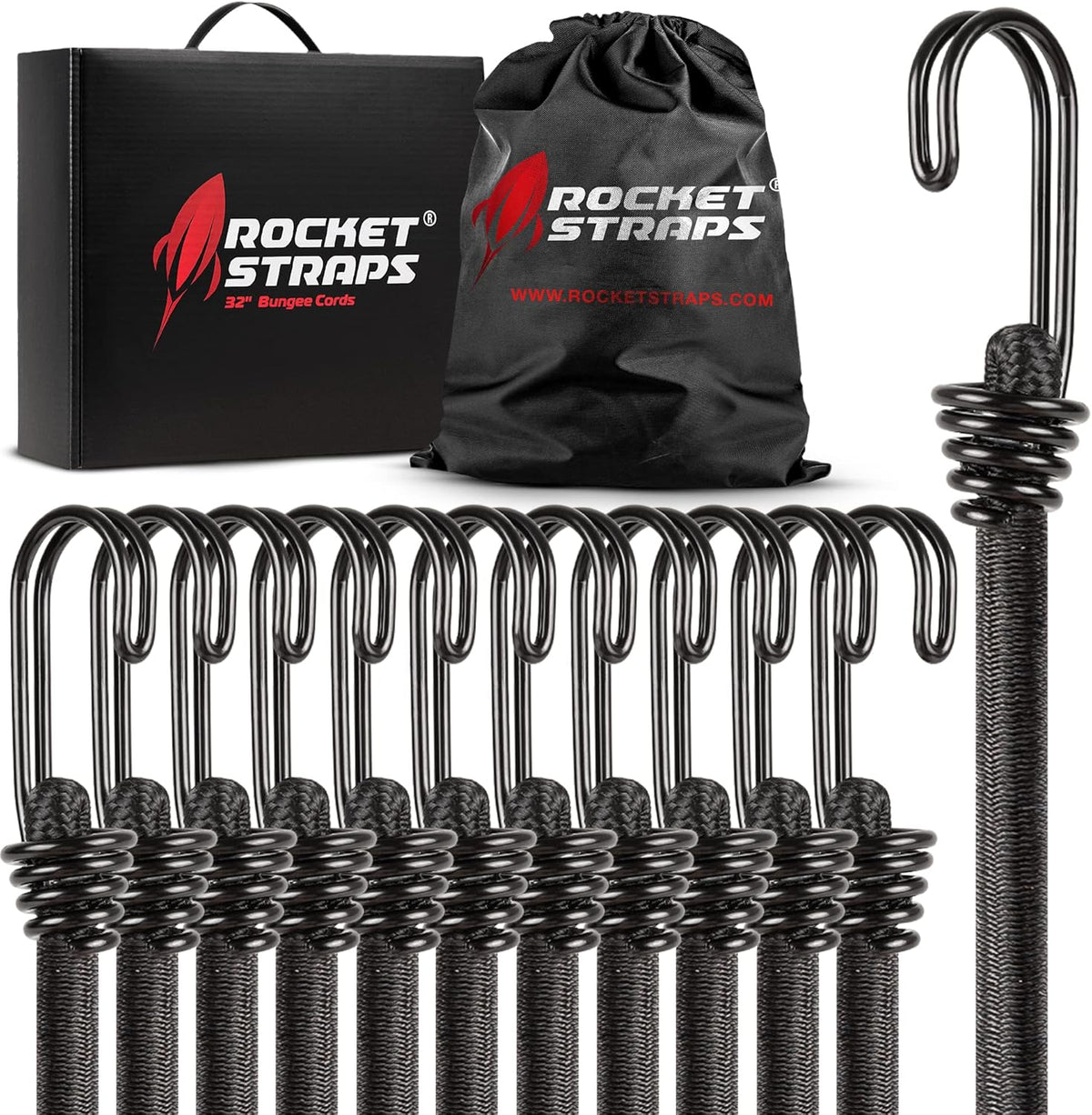 Rocket Straps - Ultimate Outdoor Bungee Cord Assortment - Heavy Duty Set of 12 Bungee Cords (72") Double-J Hooks - Elastic Straps for Camping, Securing, and DIY and Multipurpose