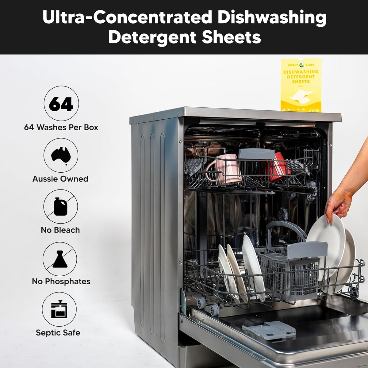 Dishwasher Dishwashing Detergent Sheets, Dish Soap & Dishwashing Tablets Alternative. Plant-Based, Eco-Friendly, Fully Biodegradable, Lemon Scent & Plastic Free Packaging (64 Sheets)