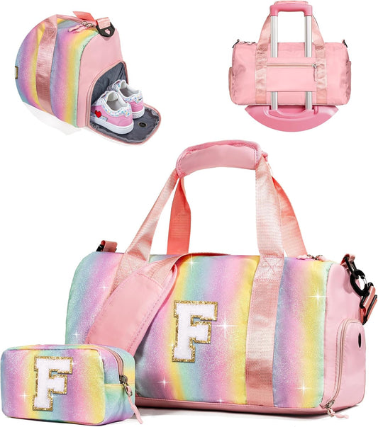 Dorm Room Essentials for Girls-Girl Gym Bag with Shoe Compartment, Kid Personalized Weekender Overnight Bags, Initial Travel Tote with Makeup Pouch, Preppy Stuff Gifts for Kids (Letter F)