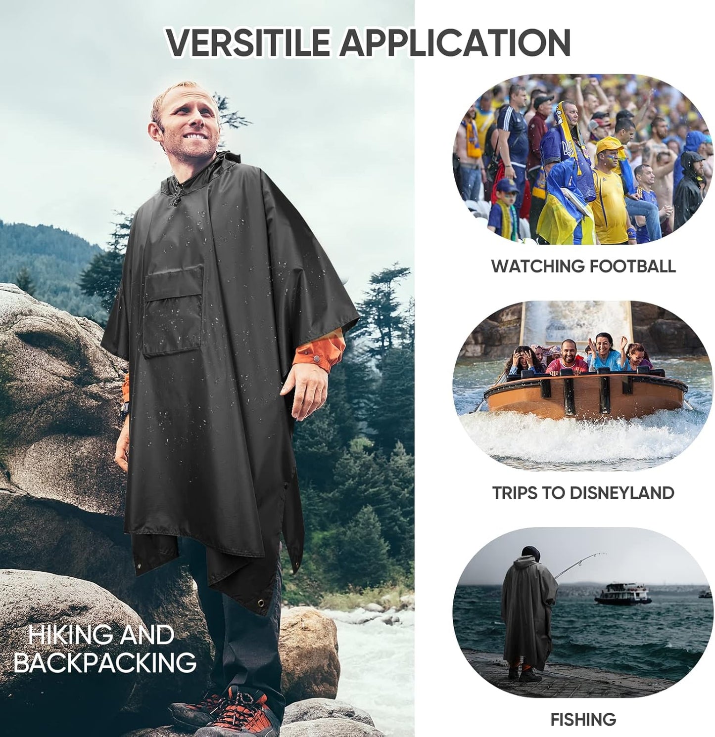 PTEROMY Hooded Rain Poncho for Adult with Pocket, Waterproof Lightweight Unisex Raincoat for Hiking Camping Emergency