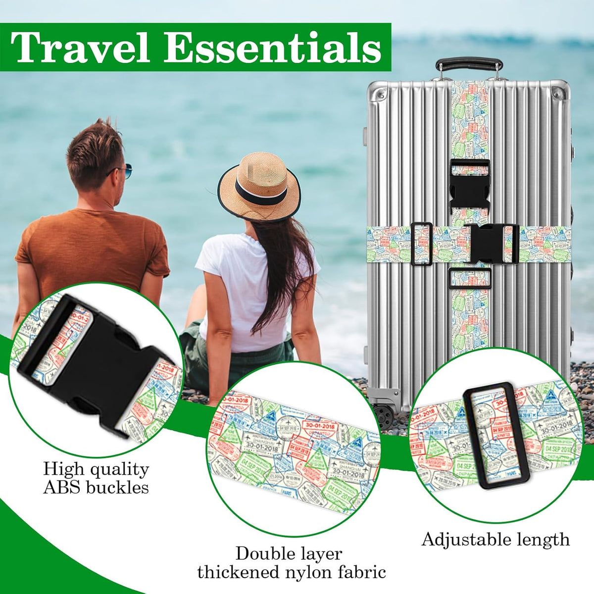 Luggage Straps for Suitcases TSA Approved, Luggage Identifiers for Suitcase, Adjustable Suitcase Strap for Baggage Security with Cute Patten, Travel Necessary Accessories (Travel Stamps)