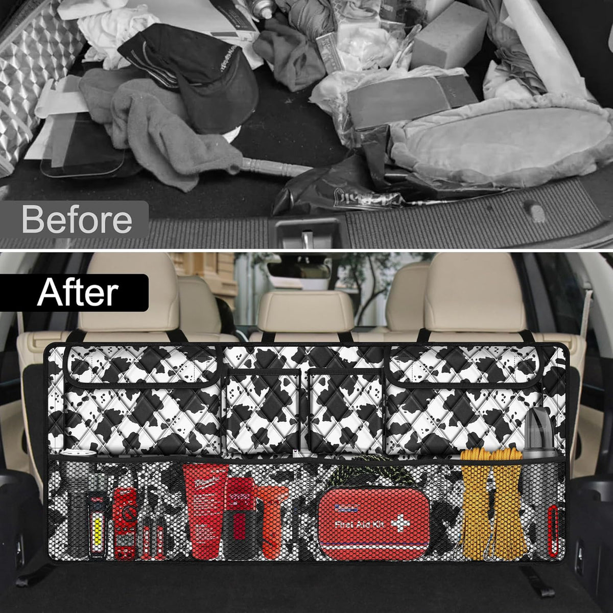 Femuar Car Trunk Organizer,Large Capacity Backseat Trunk Organizer(42"*18"),Collapsible Car Storage Bag with 8 Pocekt,SUV/MPV/Truck - Cow print