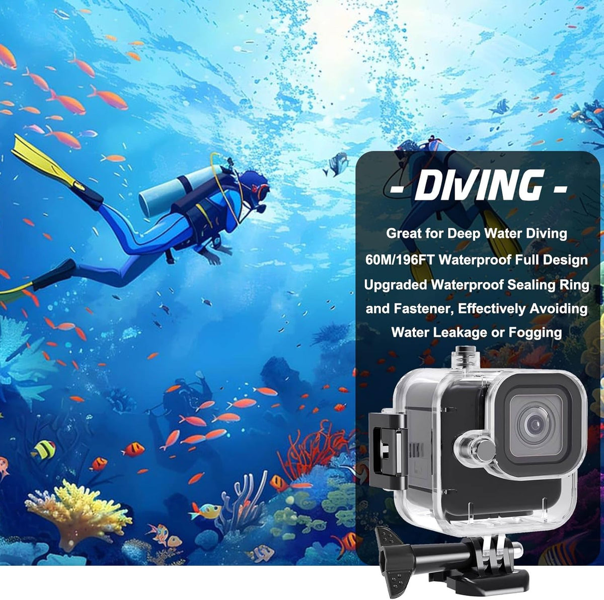Compatible for Go Pro Hero 11 mini Black Waterproof Housing Case 60M/196FT Protective Underwater Diving Case Shell with Cameras Handle Mount Accessories Kit