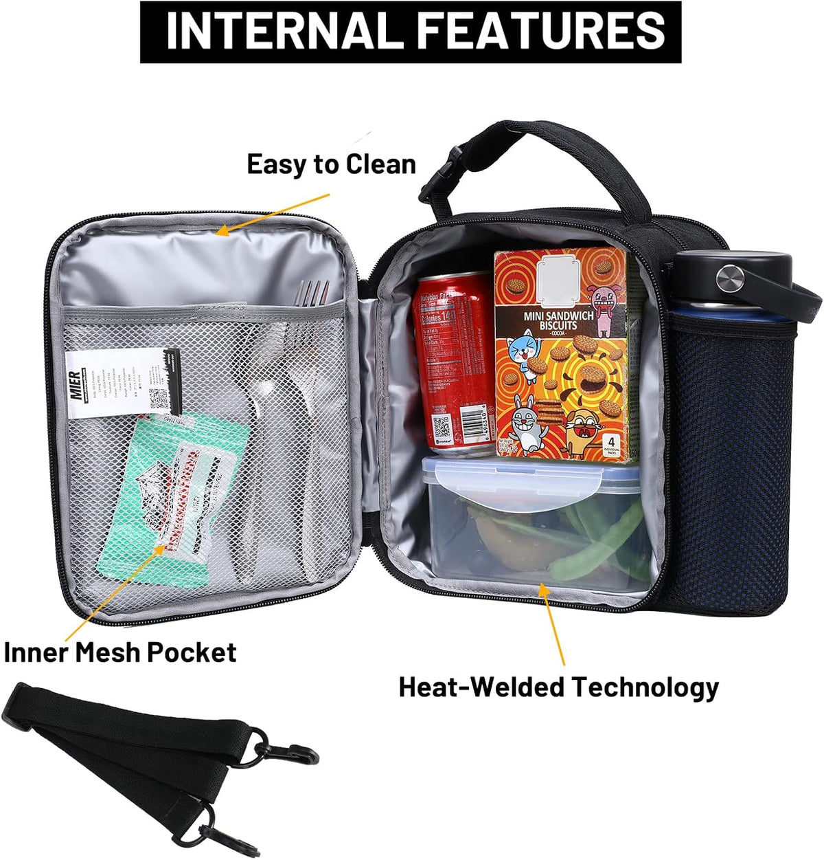 MIER Expandable Lunch Bag Insulated Lunch Box for Men to Work Travel Portable Lunchbox Bags with Shoulder Strap and Water Bottle Holder(Black/Yellow)