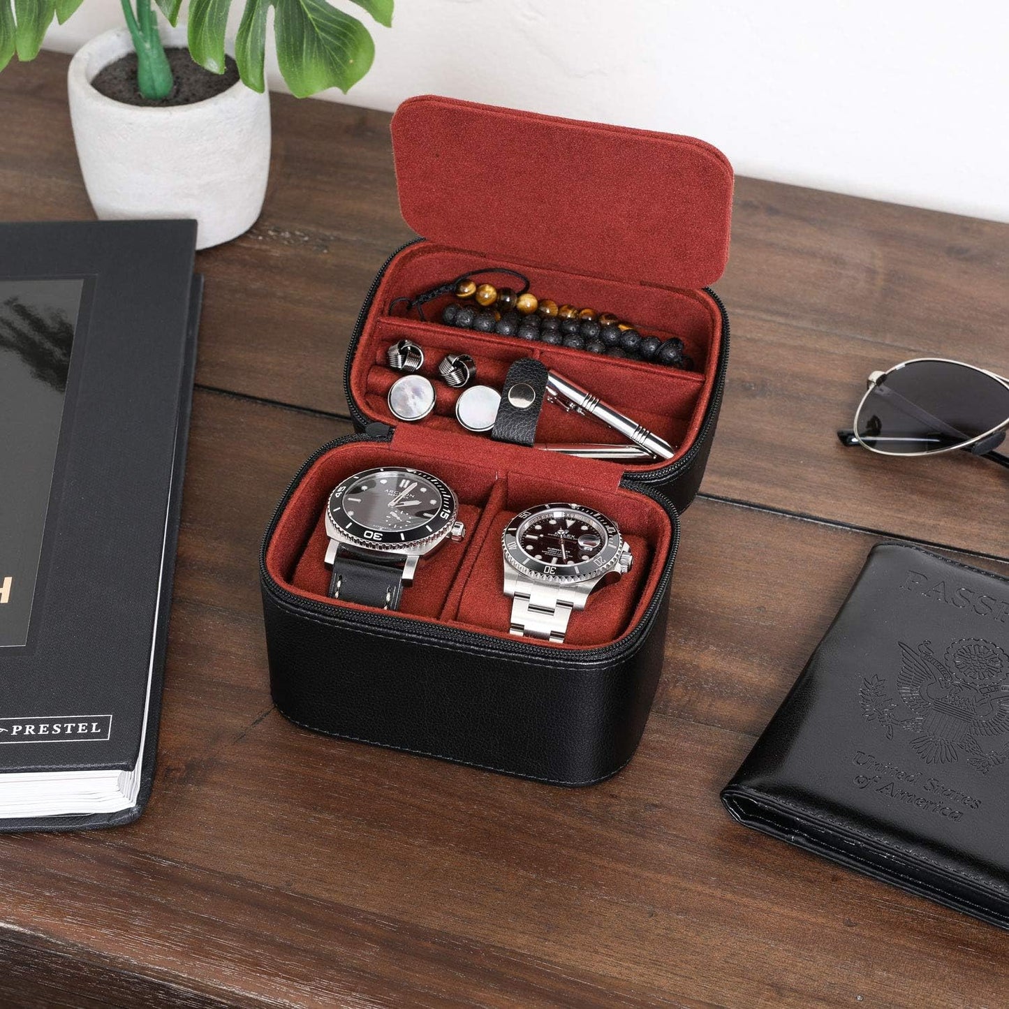 ROTHWELL 2 Watch Travel Case Storage Organizer for 2 Watches | Tough Portable Protection w/Zipper Fits All Wristwatches & Smart Watches Up to 50mm (Black/Red)