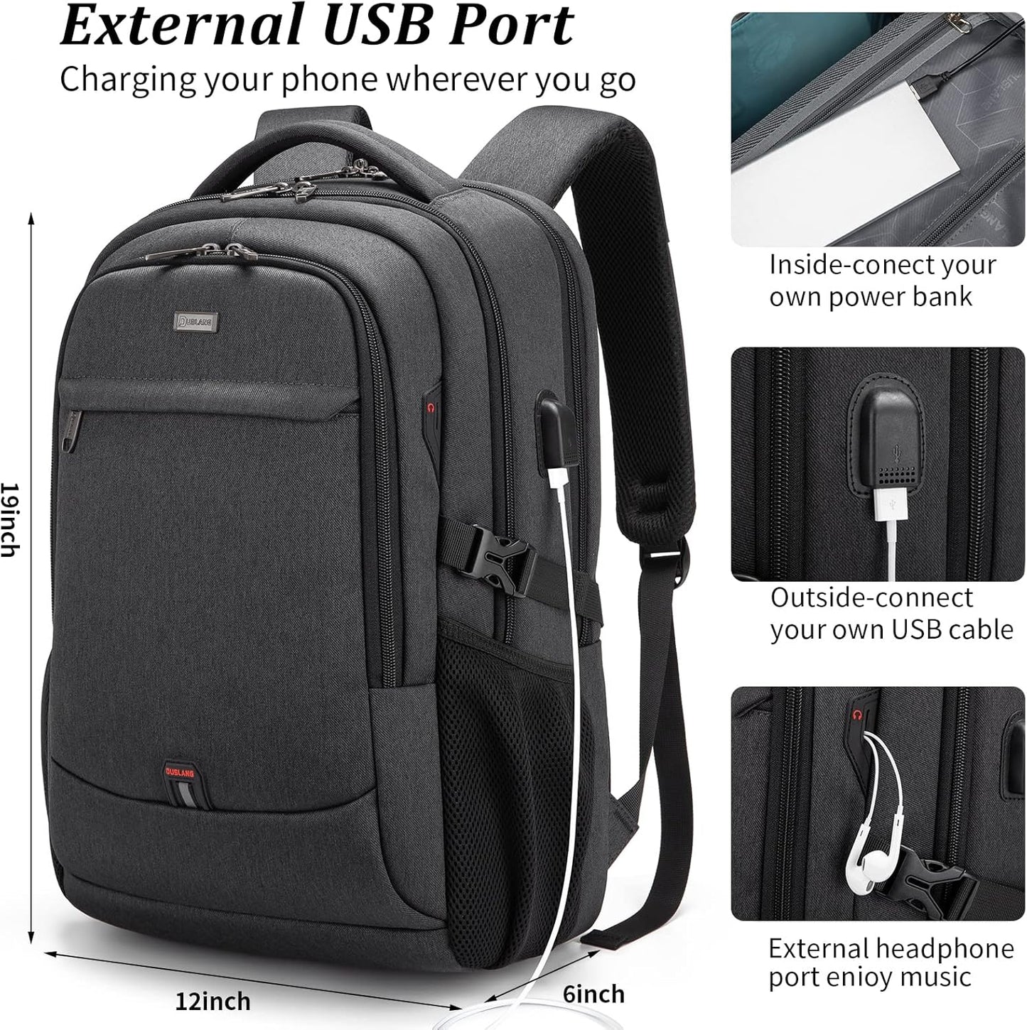 DUSLANG 17 Inch Laptop Backpack for Travel Water Resistant College Backpack for Men/Women Laptop Bag with USB Charging Port and clear Cosmetic Toiletry Bag, Black