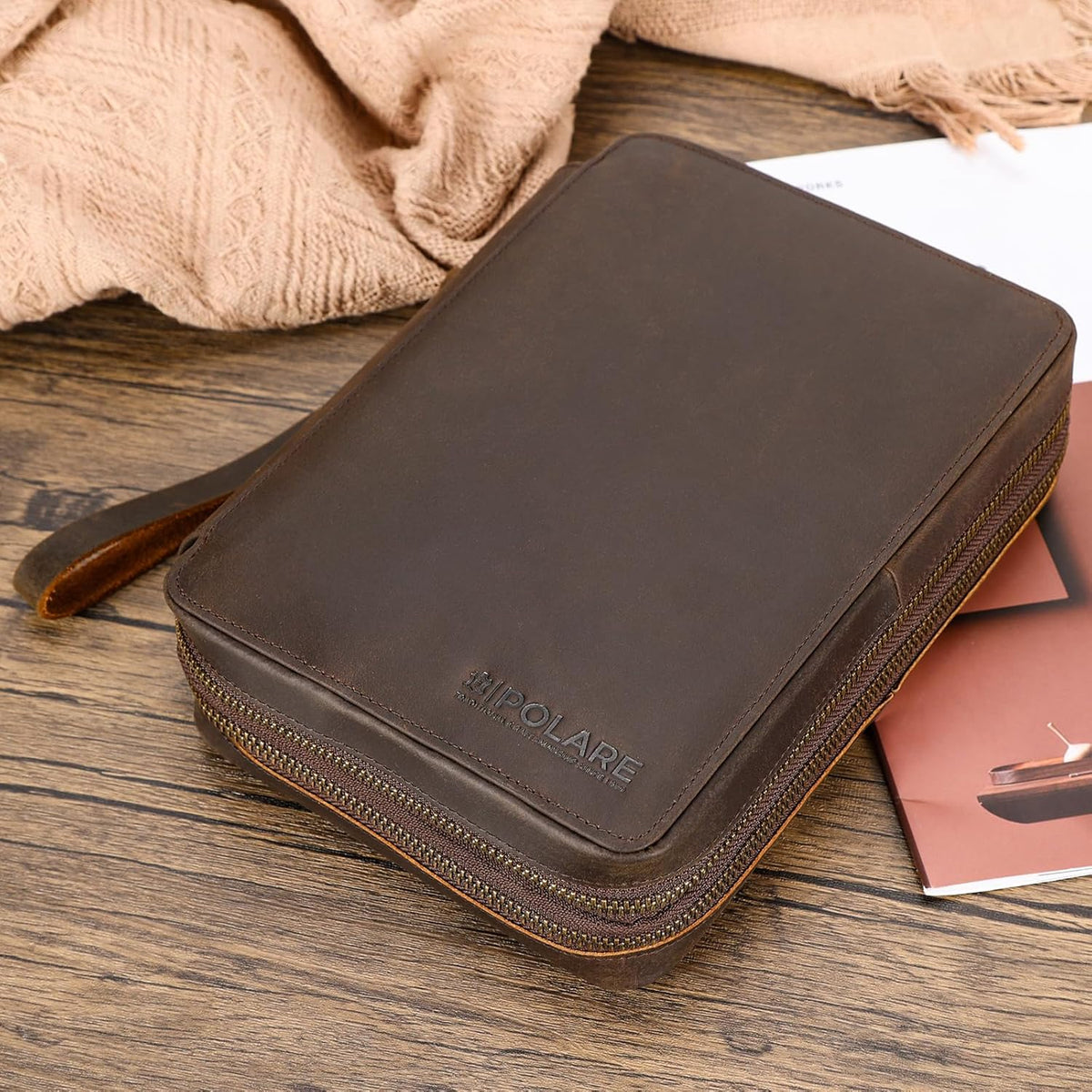 Polare Full Grain Leather Travel Cable Organizer Case Double Layer Electronics Accessories Carry Bag with YKK Zippers Tech Storage Bag for Cables, Power Bank, USB, SD Card