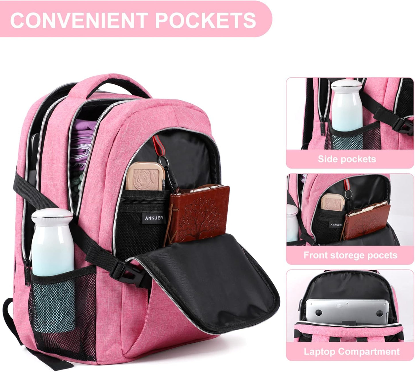ANKUER Backpacks for Women, Backpack Fits Up 15.6 in Laptop Backpack for Travel, Backpacks with USB Charging Port, Work Business Backpack for School (Pink)