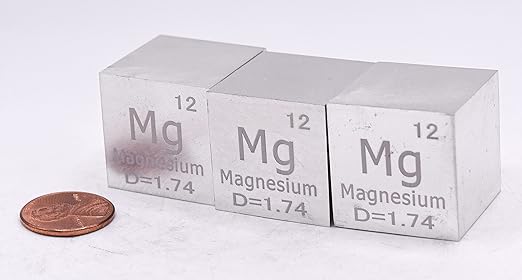 1" 25.4mm Magnesium Metal Cube Mg up to 99.9% Pure Periodic Table Element Engraved Density Collection Science Education Display Block Cube + Acrylic Case Box - 1PC
