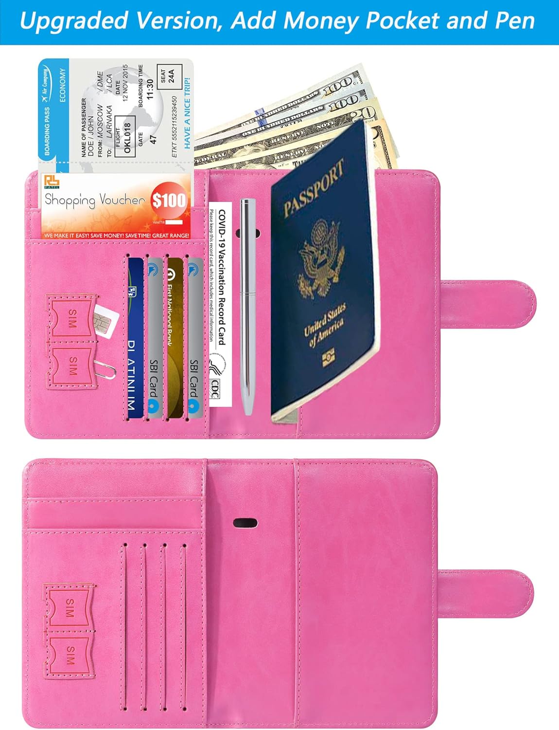 Passport Holder With Luggage Tag Cover Wallet RFID Blocking Leather Case Travel Essentials Accessories Travel Must Have(114#Pink)
