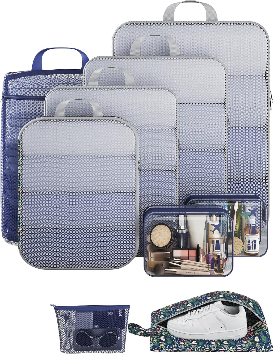 Veken 9/11 Set Compression Packing Cubes for Travel Essentials,Compressible Expandable Large Luggage Suitcase Organizer Bags for Clothing,Durable Space Saver Storage Bags(Dark Blue Floral)