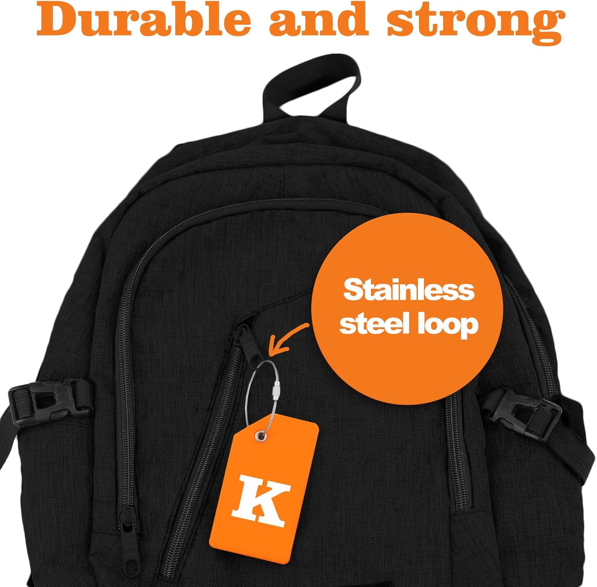 8 Pcs Luggage Tags for Suitcases, 26 Initial Letter Travel Luggage Baggage Identification Labels ID Tags Fully Bendable Tags with Stainless Steel Loop (Letter K, Orange)