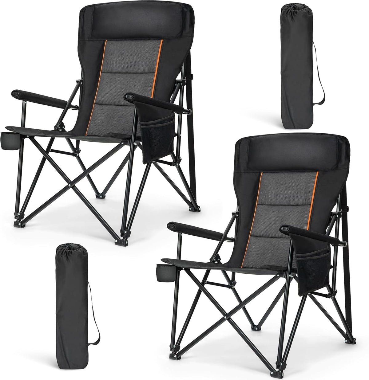 HIGH POINT SPORTS Oversized Folding Camping Chairs for Adults, High Backrest Heavy Duty Lawn Chairs Support 500 LBS Portable Collapsible Camp Chairs with Cup Holders,Side Pocket, 2 Pack, Black