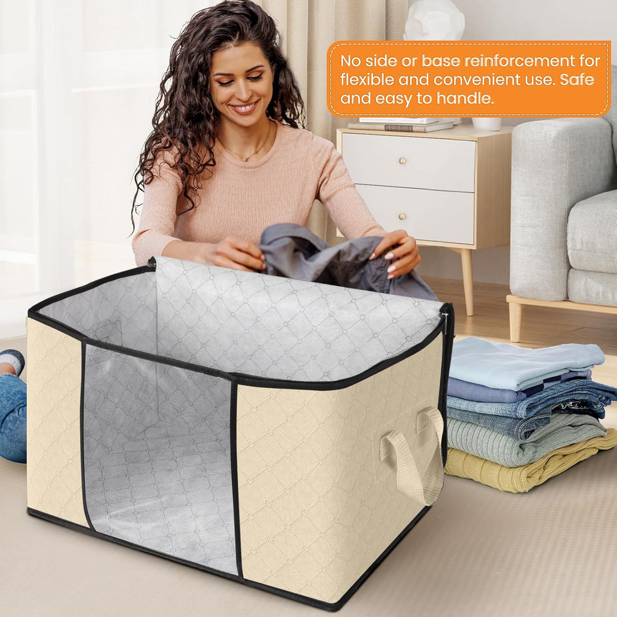 Fab totes 24 Gallons Clothes Storage, Foldable Thick Fabric Blanket Storage Bags, Containers for Organizing Bedroom, Closet, Clothing, Comforter, Organization with Handle (6 Pack,Beige)
